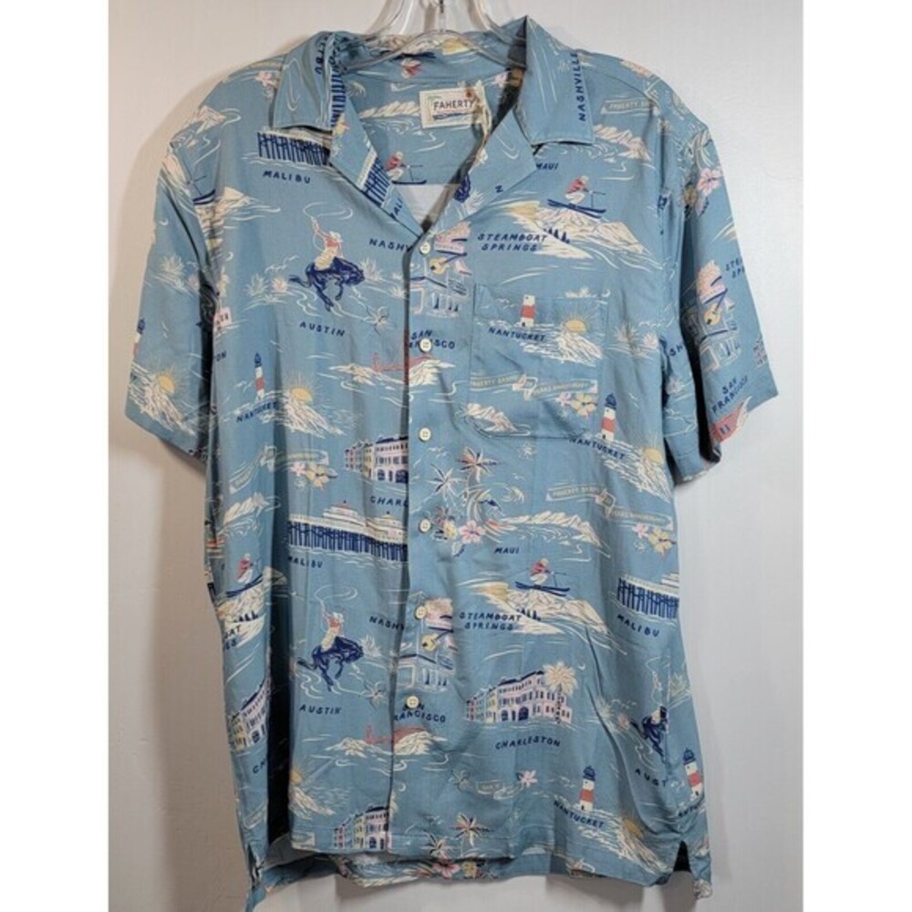 Faherty Kona Camp Shirt Short Sleeve Men's M Blue Tour Print Button-Up MWU2321